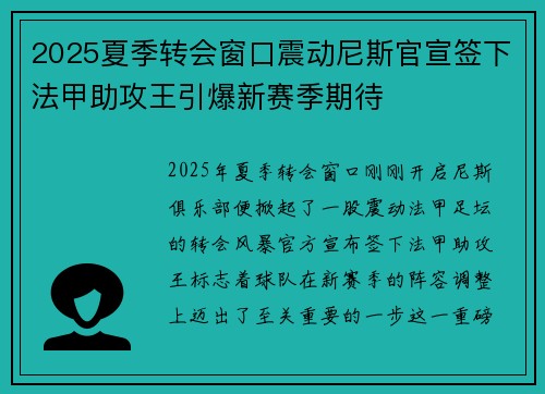2025夏季转会窗口震动尼斯官宣签下法甲助攻王引爆新赛季期待